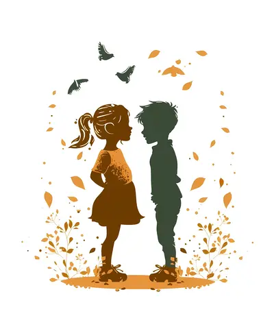 Children Silhouettes with Nature and Birds