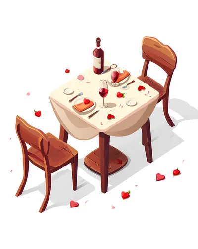 Romantic Dinner Table with Wine and Hearts
