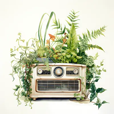 Vintage Radio with Green Plants