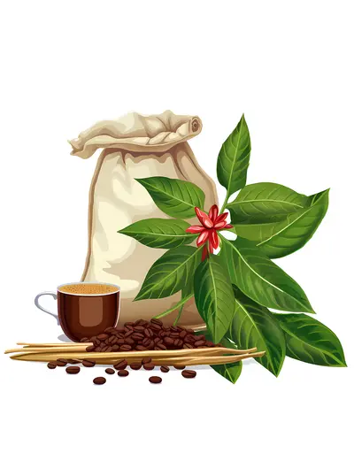 Coffee Beans and Sack with Leaves
