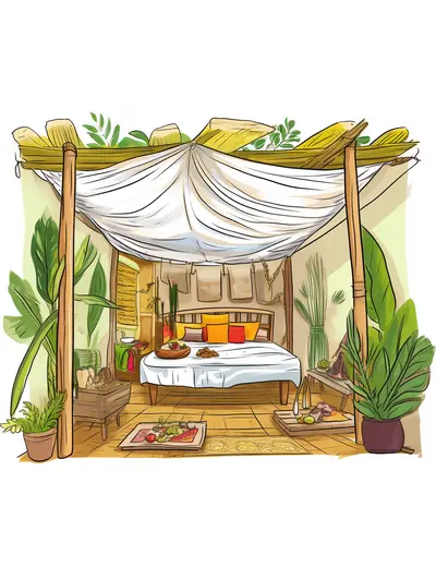 Cozy Tropical Canopy Bed with Plants