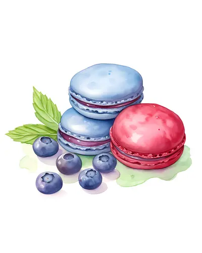 Colorful Macarons with Blueberries and Leaves