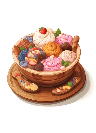 Colorful Ice Cream in Wooden Bowl