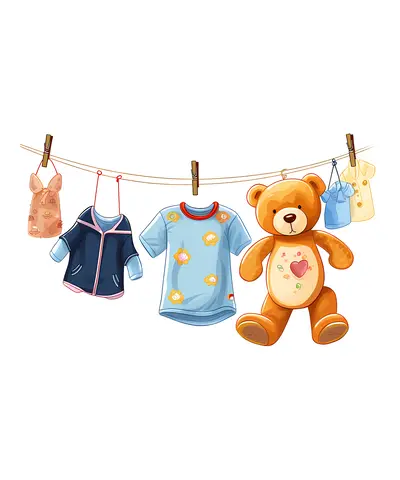Cute Teddy Bear and Baby Clothes on Clothesline