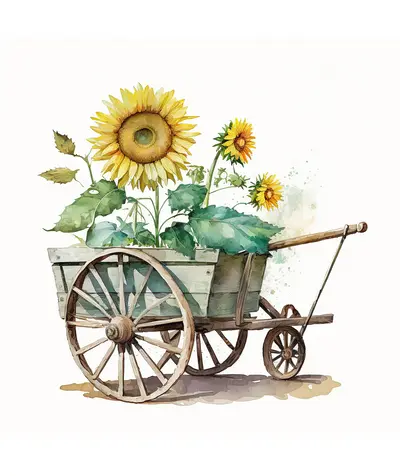 Sunflowers in a Wooden Cart Illustration