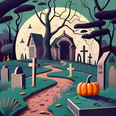 Spooky Haunted House with Graveyard and Pumpkin