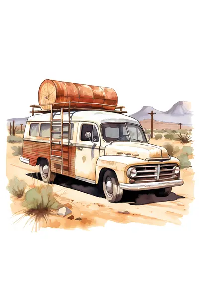 Vintage Van with Luggage in Desert
