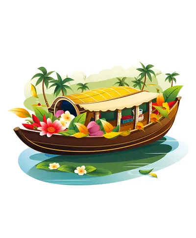 Beautiful Houseboat with Tropical Flowers and Palm Trees