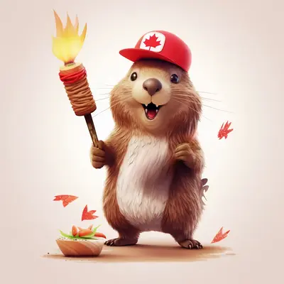 Cute Beaver Celebrating Canada Day with Torch
