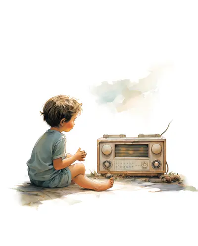 Child Listening to Vintage Radio