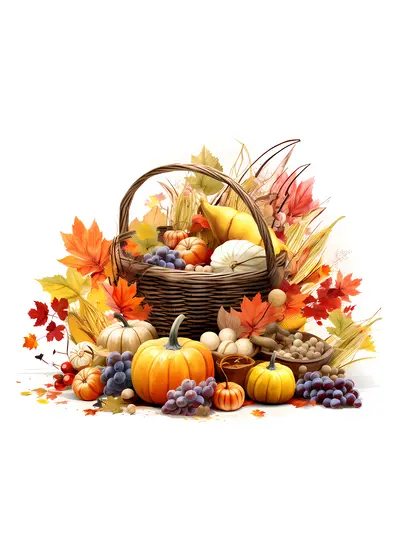 Pumpkins and Leaves in a Basket for Thanksgiving