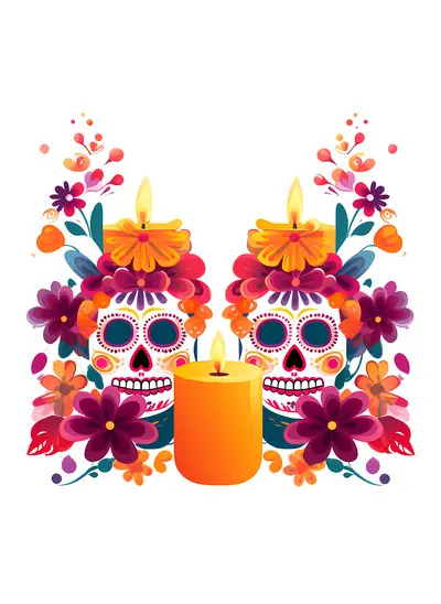 Colorful Sugar Skulls with Candles and Flowers for Day of the Dead Celebration