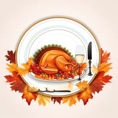 Roasted Turkey on Festive Plate with Wine Glass