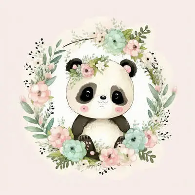 Cute Panda with Floral Wreath Illustration