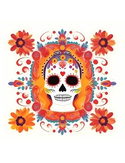 Colorful Sugar Skull with Floral Decorations for Day of the Dead