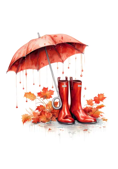 Red Umbrella and Boots with Autumn Leaves
