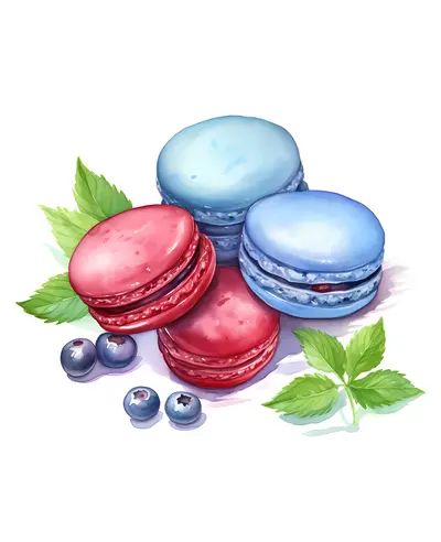 Colorful Macarons with Blueberries and Leaves