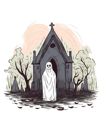 Spooky Ghost in Front of Haunted House